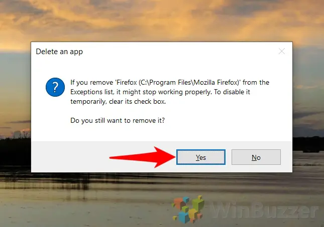 Windows 10 - Control Panel - Windows Defender Firewall - Allow App - Change Settings - Select App - Remove - Accept