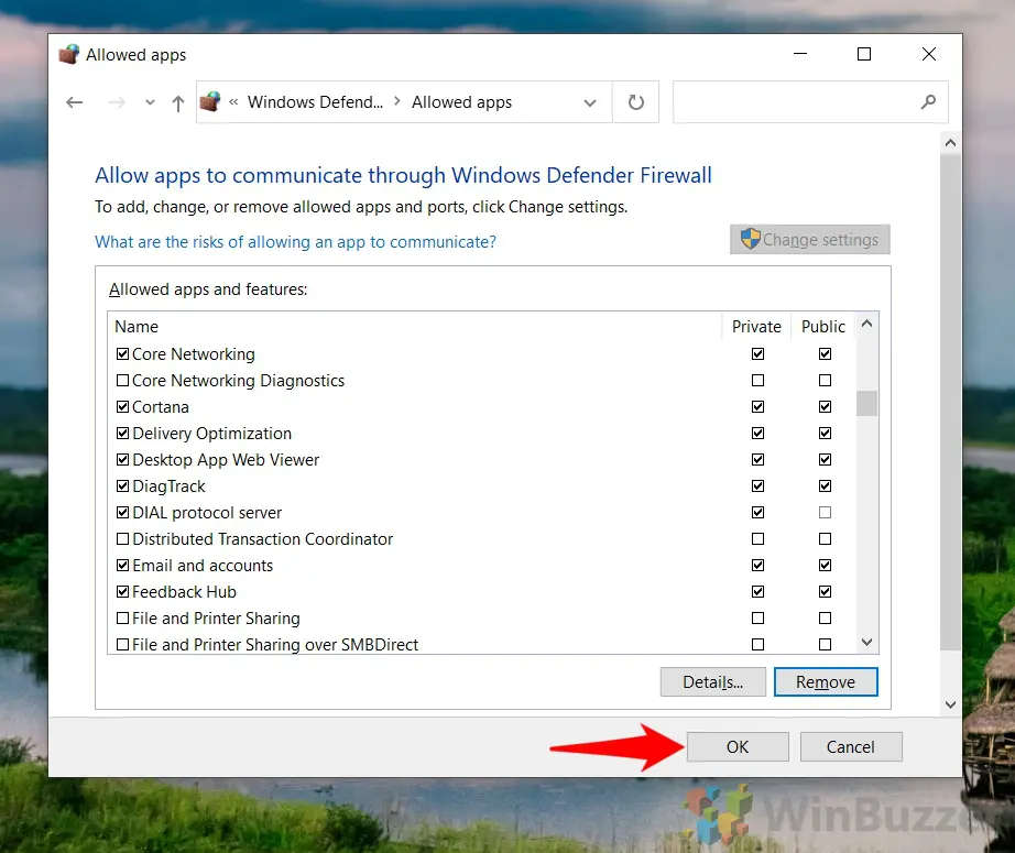 Windows 10 - Control Panel - Windows Defender Firewall - Allow App - Change Settings - Select App - Remove - Accept