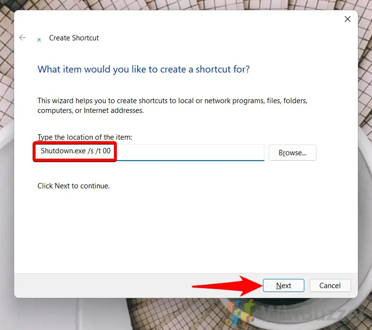 Windows 11 - Desktop - New - Shortcut - Type Location - Next