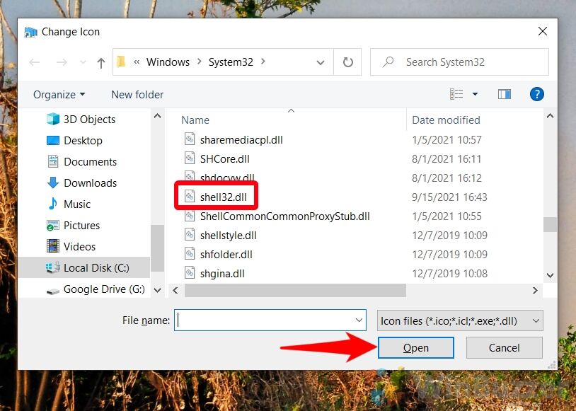Windows 10 - Shortcut - Properties - Change Icon - Browse - Open Location