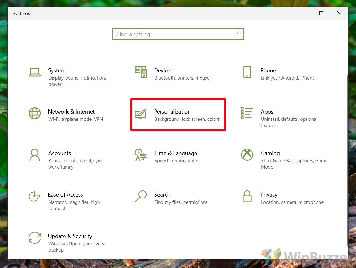 Windows 10 - Settings - Open Personalization