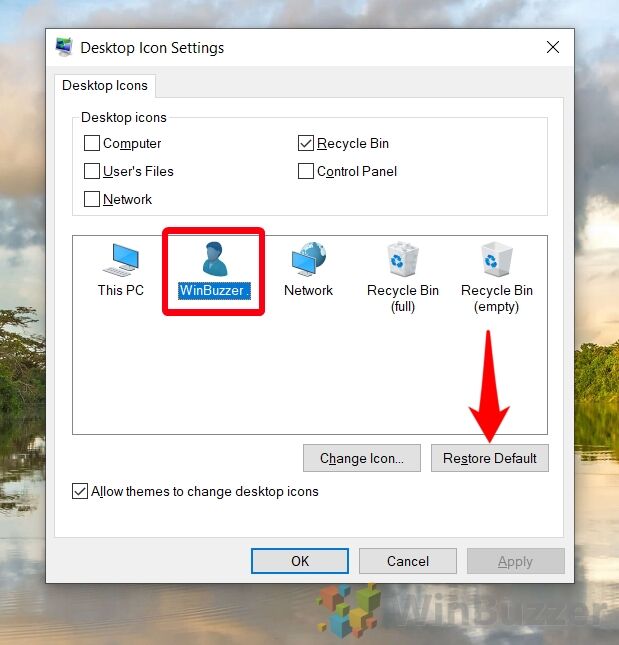 Windows 10 - Settings - Personalization - Themes - Desktop Icon Settings - Restore Default