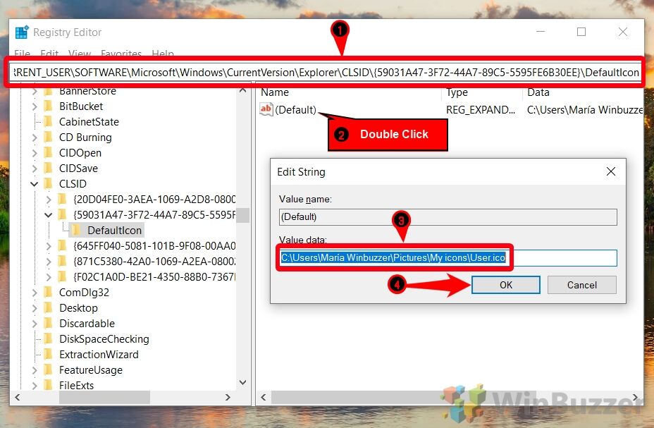 Windows 10 - Regedit - Key To Change Default Icon for User's Files - DefaultIcon - New Value Data - Accept