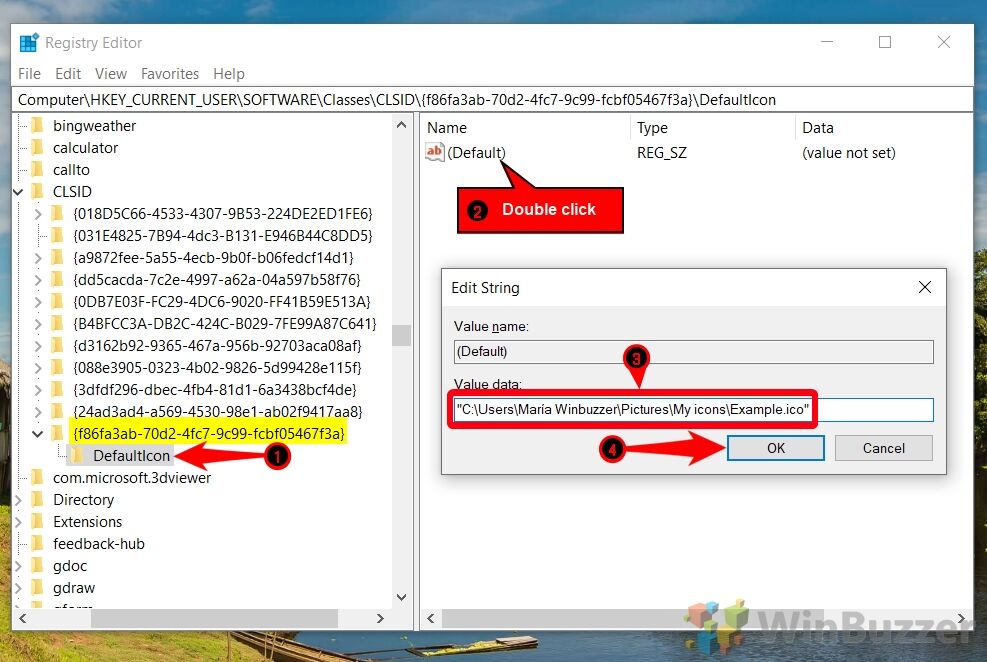 Windows 10 - Regedit - CLSID - Key To Change Icon of Videos Folder - DeafaultIcon - New Value Data - Accept