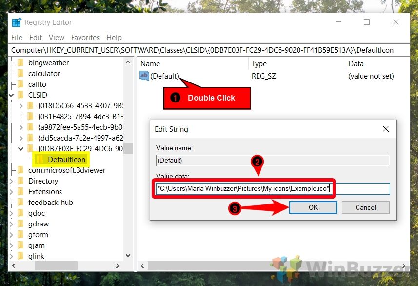 Windows 10 - Regedit - CLSID - Key To Change Icon of 3D Objects Folder - DeafultIcon - New Value Data - Accept