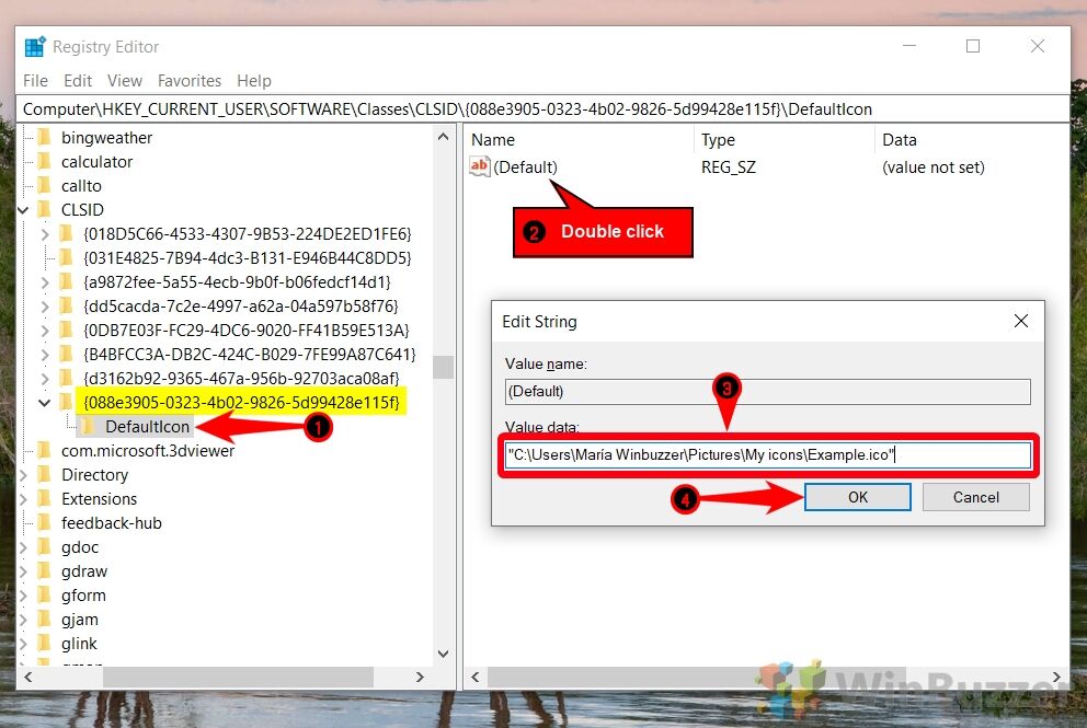 Windows 10 - Regedit - CLSID - Key To Change Icon of Downloads Folder - DeafaultIcon - New Value Data - Accept