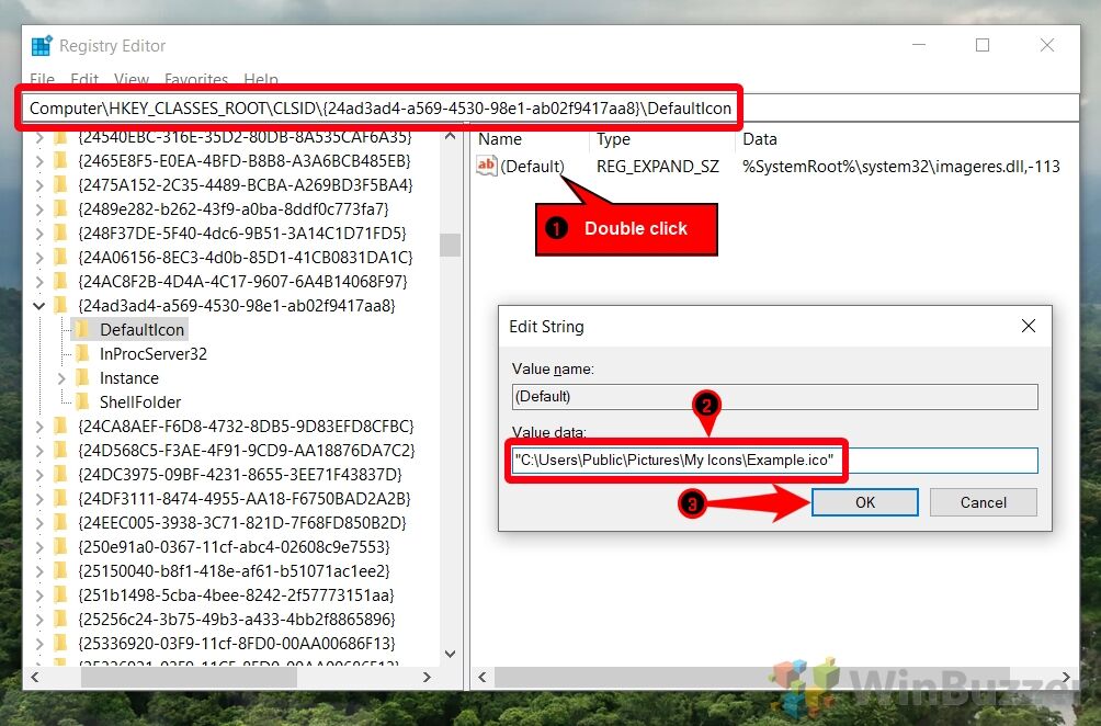 Windows 10 - Regedit - Key To Change Icon of Pictures Folder - DefaultIcon - New Value Data - Accept