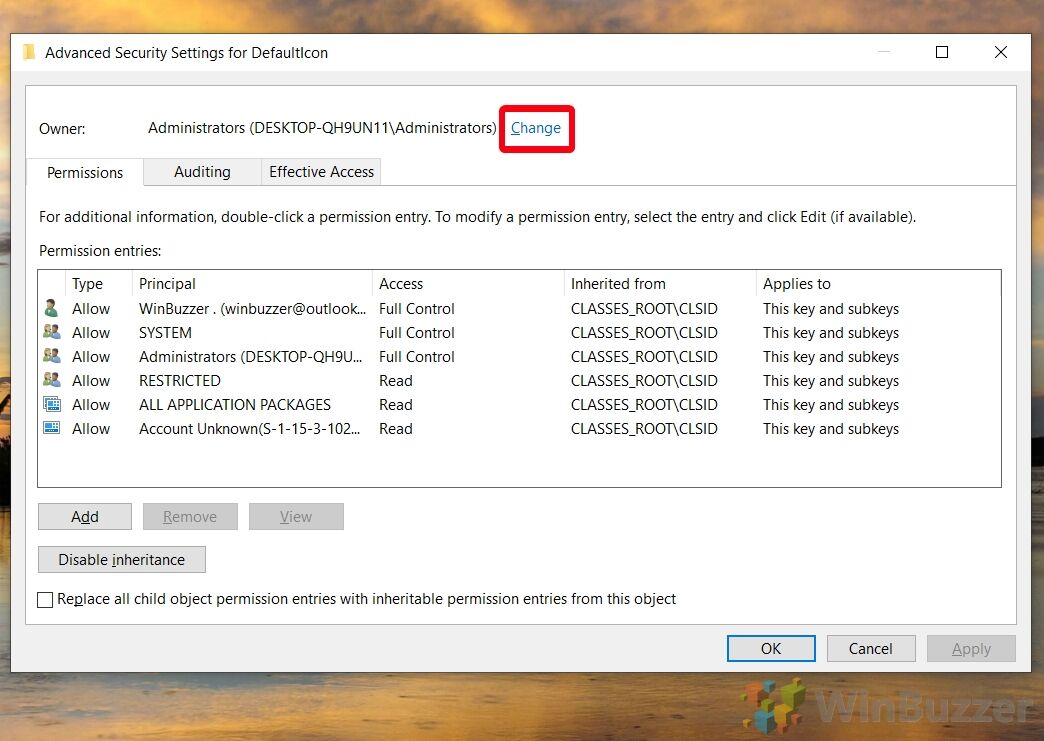 Windows 10 - Regedit - Key To Change Icon of 3D Objects Folder - DefaultIcon - Permissions - Advanced - Change