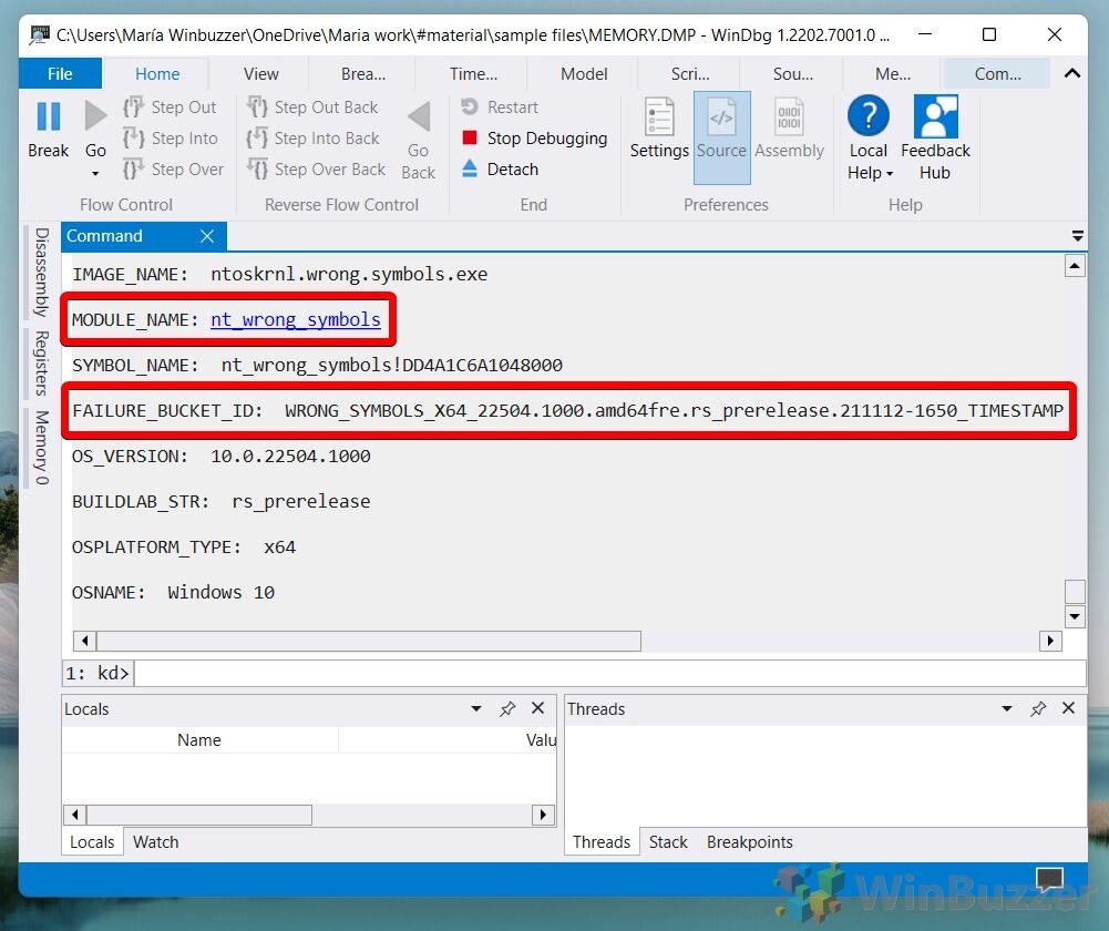 Windows 11 - Windbg - Dump File - Enter Cmd - See Problems