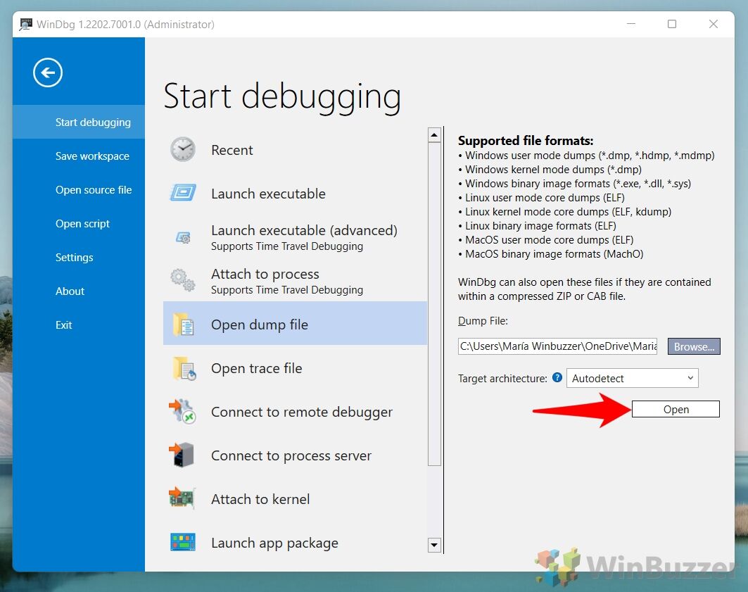 Windows 11 - Windbg - File - Start Debugging - Open Dump File