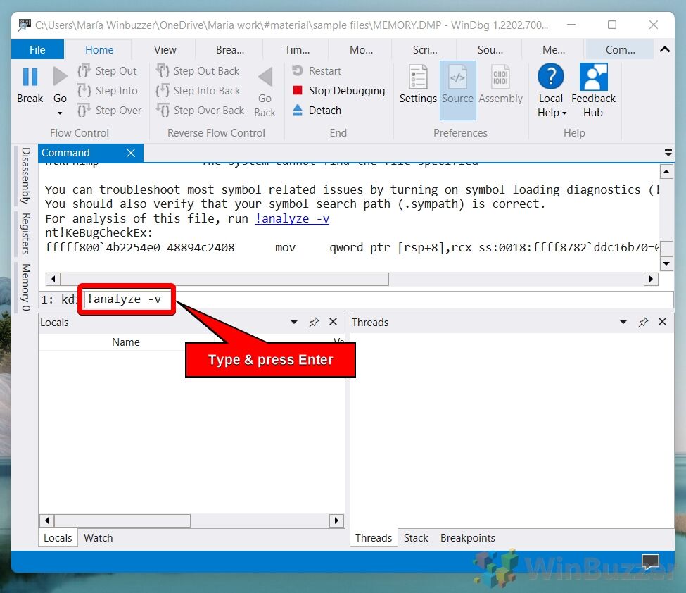 Windows 11 - Windbg - Dump File - Enter Cmd