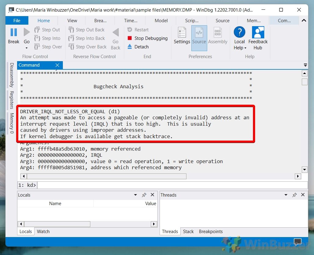 Windows 11 - Windbg - Dump File - Enter Cmd - See Problems