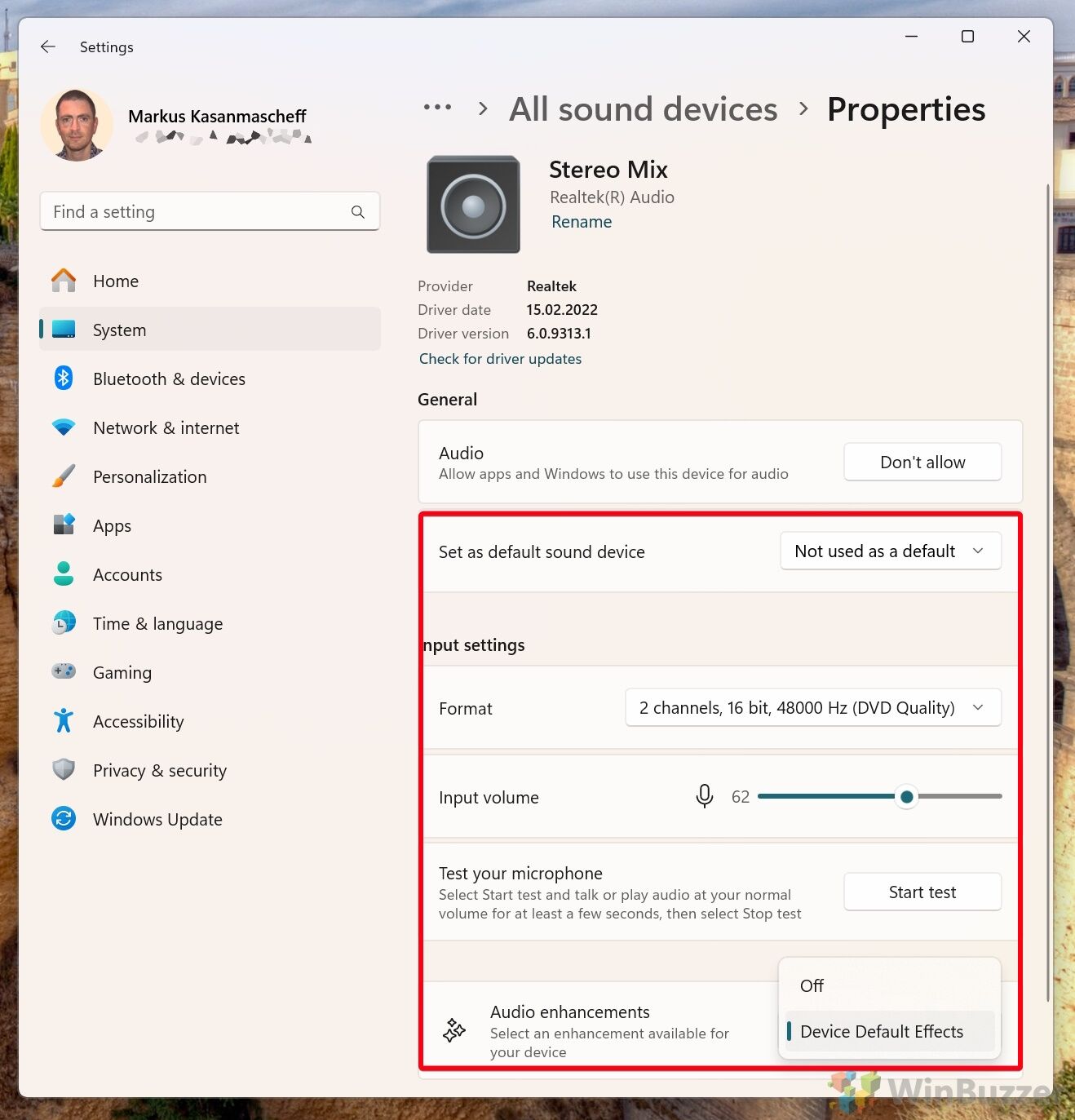 Windows 11 - All sound devices - Set Stereo Mix Options