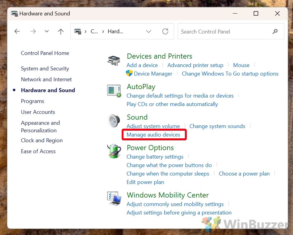 Windows 11 - Control Panel - Hardware ad Sound - Manage audio devices