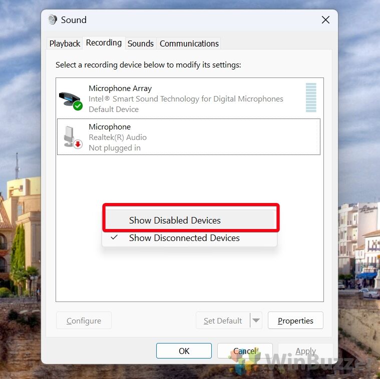 Windows 11 - Control Panel - Sound Options - Recording - Show Disabled Devices