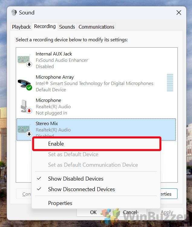 Windows 11 - Control Panel - Sound Options - Enable Stereo Mix