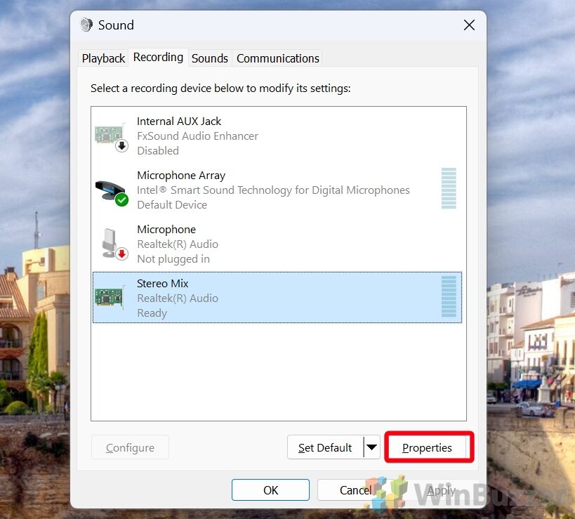 Windows 11 - Control Panel - Sound Options - Open Stereo Mix Properties