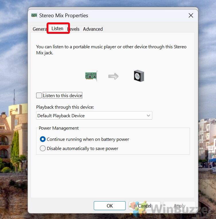 Windows 11 - Control Panel - Sound Options - Stereo Mix Properties - Listen