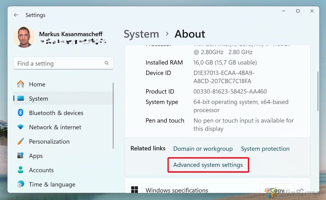 Windows 11 - Settings - System - About - open Advanced System Settings