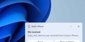 Phone Link file received notification from iOS on Windows